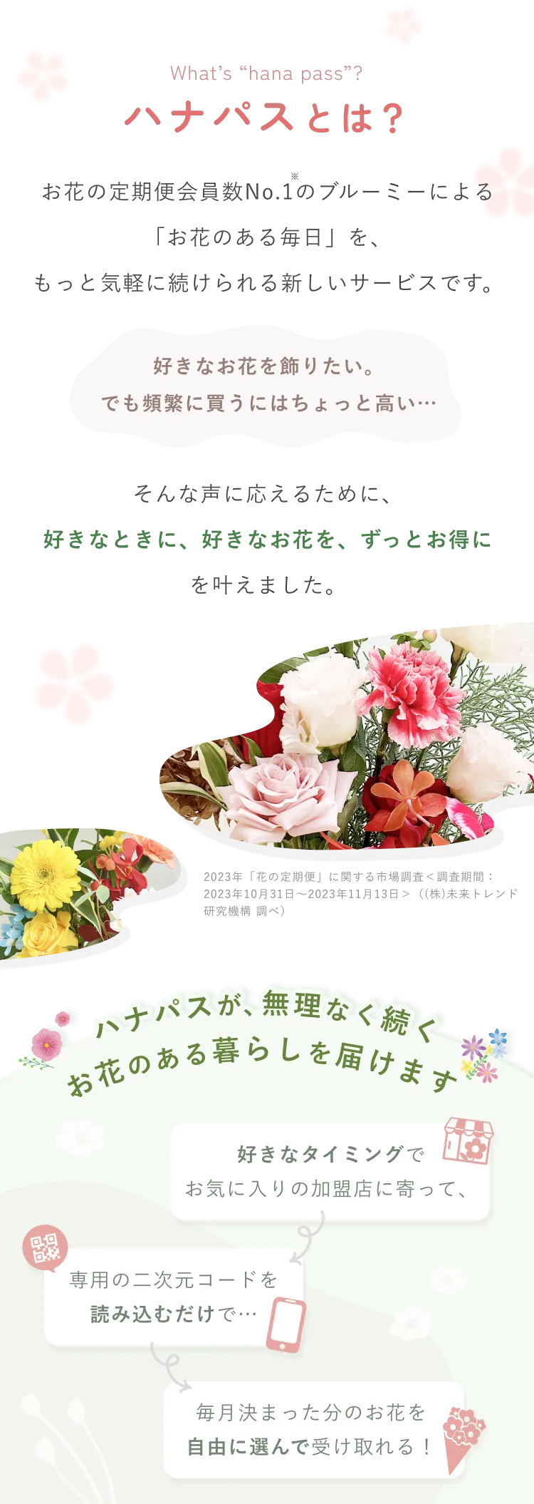 ハナパスとは？お花の定期便会員数No.1のブルーミーによる「お花のある毎日」を、もっと気軽に続けられる新しいサービスです。